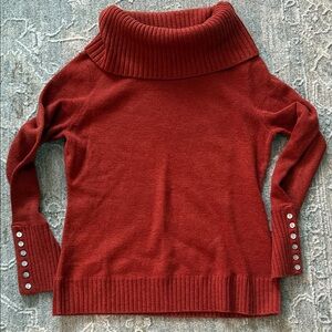 Tweeds Rich Burnt OrangeCowl Neck Sweater with Mother of Pearl buttons